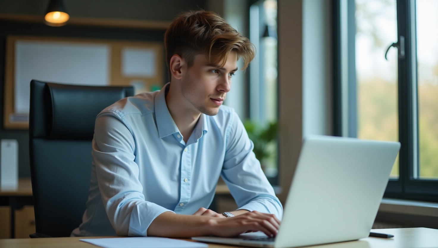 Aluno desenvolvendo projeto empresarial no notebook