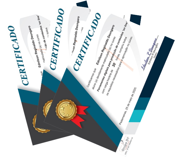 Conjunto com os três certificados do curso